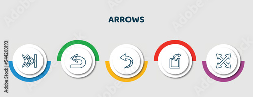 editable thin line icons with infographic template. infographic for arrows concept. included skip track, return, left curve arrow, extract, expad arrows icons.