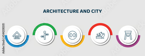 editable thin line icons with infographic template. infographic for architecture and city concept. included garage door, street, parking lights, wood plane, paifang icons.