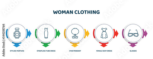 editable thin line icons with infographic template. infographic for woman clothing concept. included stylish perfume bottle, strapless tube dress, star pendant, female sexy dress, glasses icons.