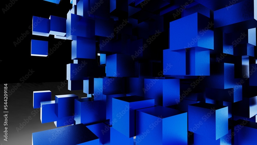 A set of many metallic blue cubes that are collapsing under black lighting background. Conceptual 3D CG of blockchain, financial system and personal data analysis. A set of many metallic blue cubes that are collapsing under black lighting background. Conceptual 3D CG of blockchain, financial system and personal data analysis.