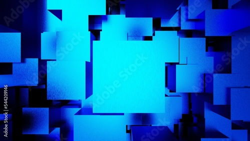 A set of many metallic blue cubes that are collapsing under black lighting background. Conceptual 3D CG of blockchain, financial system and personal data analysis.