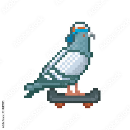 Skating pigeon, pixel art illustration