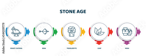 editable thin line icons with infographic template. infographic for stone age concept. included roast chicken, bow, troglodyte, leaf, moai icons.