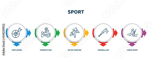 editable thin line icons with infographic template. infographic for sport concept. included dart board, powerlifting, baton twirling, baseball bat, canoe sport icons.
