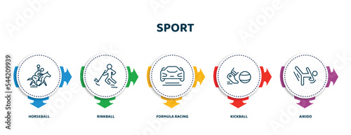 editable thin line icons with infographic template. infographic for sport concept. included horseball, rinkball, formula racing, kickball, aikido icons.