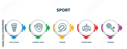 editable thin line icons with infographic template. infographic for sport concept. included shuttlecock, baseball glove, hurling, trampolining, lacrosse icons.