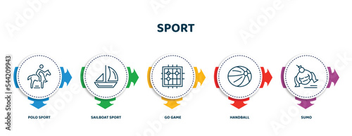 editable thin line icons with infographic template. infographic for sport concept. included polo sport, sailboat sport, go game, handball, sumo icons.