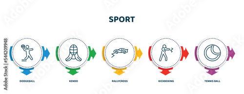 editable thin line icons with infographic template. infographic for sport concept. included dodgeball, kendo, rallycross, kickboxing, tennis ball icons.