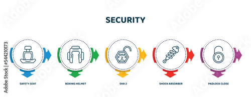 editable thin line icons with infographic template. infographic for security concept. included safety seat, boxing helmet, sha 2, shock absorber, padlock close icons.