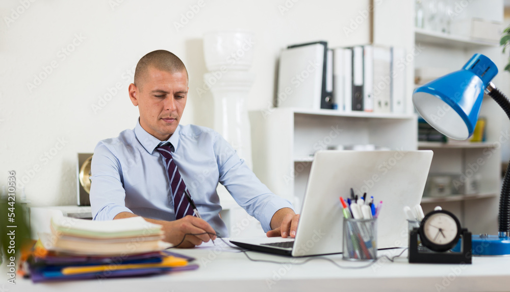 Portrait of positive middle aged man at workplace in office