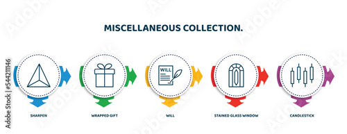 editable thin line icons with infographic template. infographic for miscellaneous collection. concept. included sharpen, wrapped gift, will, stained glass window, candlestick icons.