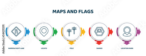 editable thin line icons with infographic template. infographic for maps and flags concept. included narrow right lane, locato, pole, swings, location mark icons.
