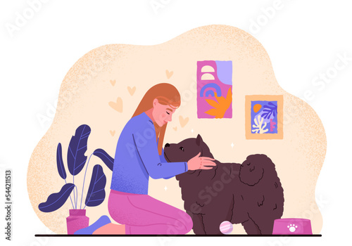 Girl hugs dog. Woman with pet in apartment, caring hostess, love and support. Comfort and cosiness in house. Routine and daily household chores. Poster or banner. Cartoon flat vector illustration