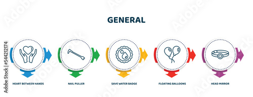 editable thin line icons with infographic template. infographic for general concept. included heart between hands, nail puller, save water badge, floating balloons, head mirror icons.