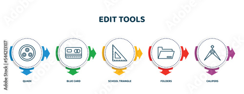 editable thin line icons with infographic template. infographic for edit tools concept. included quark, blue card, school triangle, folders, calipers icons.