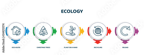 editable thin line icons with infographic template. infographic for ecology concept. included eco house, christmas trees, plant on a hand, recycling, reload icons.