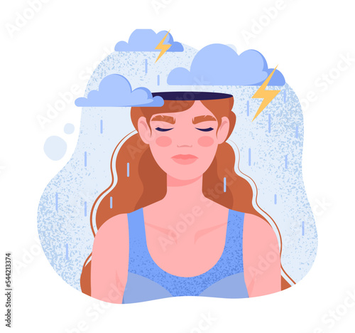 Mental health negative. Woman stands under clouds and rain with thunderstorm, storm and bad weather. Metaphor of negative emotions and depression, frustration. Cartoon flat vector illustration