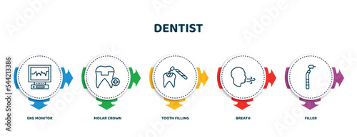 editable thin line icons with infographic template. infographic for dentist concept. included ekg monitor, molar crown, tooth filling, breath, filler icons.