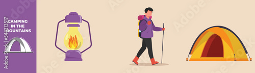 Camping lamp lantern, Happy boy with back bag walking to camping and tent. Camping equipment set concept. Flat vector illustrations isolated.