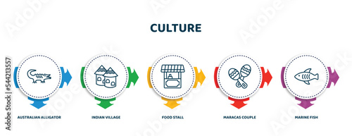 editable thin line icons with infographic template. infographic for culture concept. included australian alligator, indian village, food stall, maracas couple, marine fish icons.