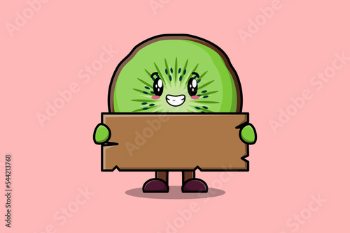 Cute cartoon Kiwi fruit character holding blank wooden text board vector icon illustration