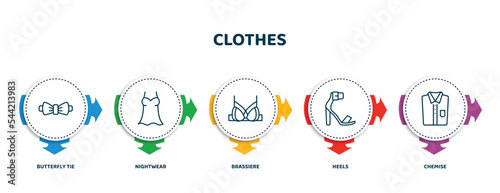 editable thin line icons with infographic template. infographic for clothes concept. included butterfly tie, nightwear, brassiere, heels, chemise icons.