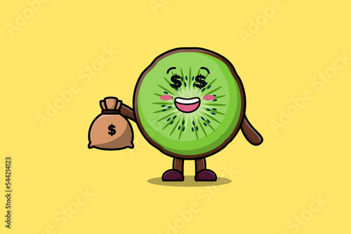 Cute cartoon Crazy rich Kiwi fruit with money bag shaped funny in modern design illustration
