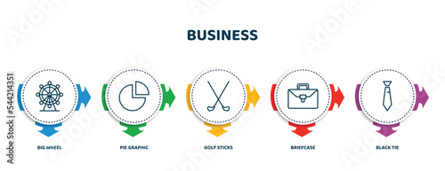 editable thin line icons with infographic template. infographic for business concept. included big wheel, pie graphic, golf sticks, briefcase, black tie icons.