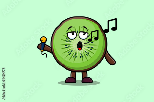 Cute cartoon Kiwi fruit singer character holding mic in flat modern style design illustrations