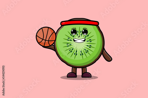 Cute cartoon Kiwi fruit character playing basketball in flat modern style design illustration