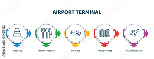 editable thin line icons with infographic template. infographic for airport terminal concept. included road cone, clutery for lunch, old plane, picking luggage, departures flights icons.