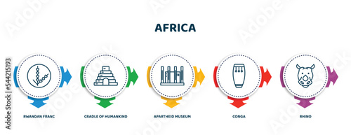 editable thin line icons with infographic template. infographic for africa concept. included rwandan franc, cradle of humankind, apartheid museum, conga, rhino icons.