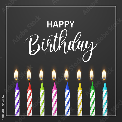Happy Birthday. Vector Banner, Greeting Card with 3d Realistic Paraffin or Wax Burning Birthday Party Candle and Flame Set on Black Background. Design Template, Clipart, Birthday Concept