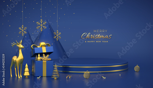 Christmas Scene and 3D round platform with gold circle on blue background. Blank Pedestal with deer, snowflakes, balls, gift box, golden metallic cone shape pine, spruce trees. Vector illustration.