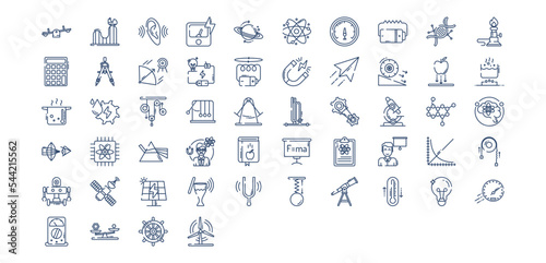 Collection of icons related to Physics and science, including icons like atom, Ammeter, Burner, Gravity and more. vector illustrations, Pixel Perfect set