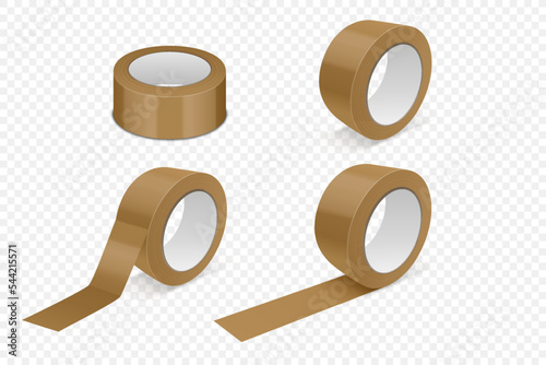 Vector 3d Realistic Glossy Brown Tape Roll Icon Set, Mock-up Closeup Isolated on White Background. Design Template of Packaging Sticky Tape Roll or Adhesive Tape for Mockup. Front View