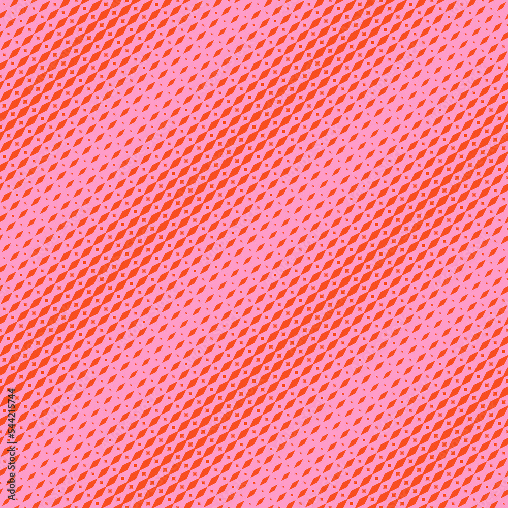 Vector halftone pattern. Abstract seamless background with diamonds, rhombuses, halftone grid, mesh, net. Orange and pink color. Retro vintage sport style texture. Repeat decorative elegant design