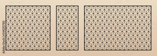 Laser cut patterns set. Vector abstract geometric ornament in Oriental style with grid, mesh, delicate lattice. Elegant decorative stencil for laser cutting of wood, metal.  Aspect ratio 1:1, 1:2, 3:2