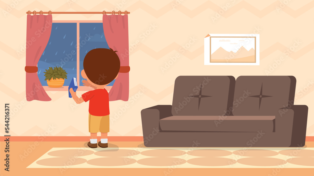 Boy Looking at Rain from Window. Preschooler holding book and looking at rainy weather. Training and education at home. Student studying remotely in autumn season. Cartoon flat vector illustration