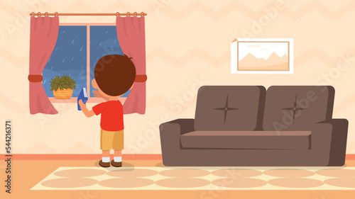 Boy Looking at Rain from Window. Preschooler holding book and looking at rainy weather. Training and education at home. Student studying remotely in autumn season. Cartoon flat vector illustration