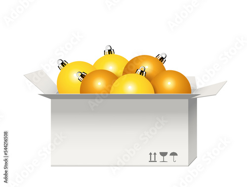 Karton mit Weihnachtskugeln aus Glas,
Weihnachtsdekoration aus goldene Glaskugeln,
Vektor Illustration isoliert auf weißem Hintergrund
