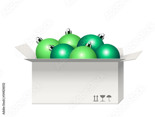 Karton mit Weihnachtskugeln aus Glas,
Weihnachtsdekoration aus grüne Glaskugeln,
Vektor Illustration isoliert auf weißem Hintergrund
