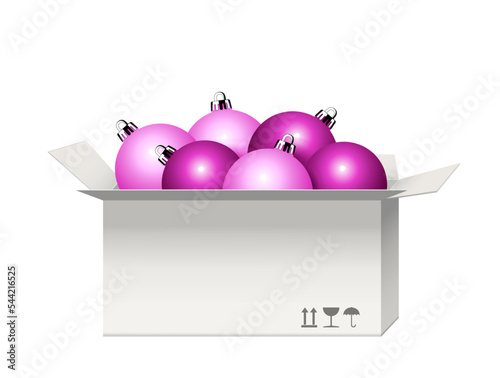 Karton mit Weihnachtskugeln aus Glas,
Weihnachtsdekoration aus pinke, lila Glaskugeln,
Vektor Illustration isoliert auf weißem Hintergrund
