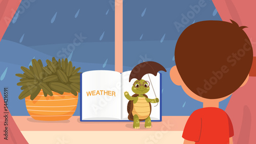 Boy Looking at Rain from Window. Little boy listens to funny weather song from Professor Turtle from book. Education and training. Vocabulary for preschoolers. Cartoon flat vector illustration