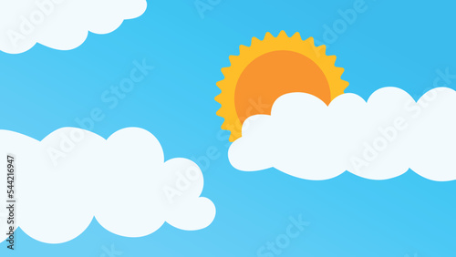 Weather forecast abstract concept. Colorful poster with clear blue sky, sun and clouds. Warm weather or climate in spring or summer season. Template for print or app. Cartoon flat vector illustration