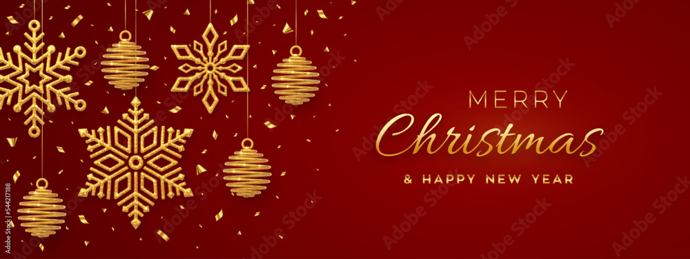 Christmas red background with hanging shining golden snowflakes and balls. Merry christmas greeting card. Holiday Xmas and New Year poster, web banner. Vector Illustration.