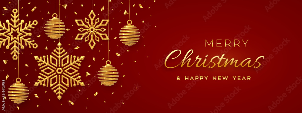 Christmas red background with hanging shining golden snowflakes and balls. Merry christmas greeting card. Holiday Xmas and New Year poster, web banner. Vector Illustration. Christmas red background with hanging shining golden snowflakes and balls. Merry christmas greeting card. Holiday Xmas and New Year poster, web banner. Vector Illustration.