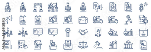 Collection of icons related to Politic, including icons like Speaking, campaign, voting, and more. vector illustrations, Pixel Perfect set