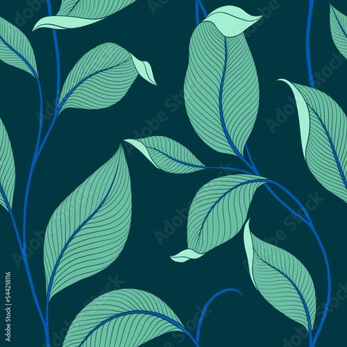 Luxury seamless pattern with striped leaves. Elegant floral background in minimalistic linear style. Trendy line art design element. Vector illustration.