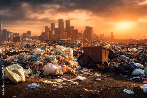 3D Illustration, Digital Art, Garbage pile in a trash dump with a modern city in the background